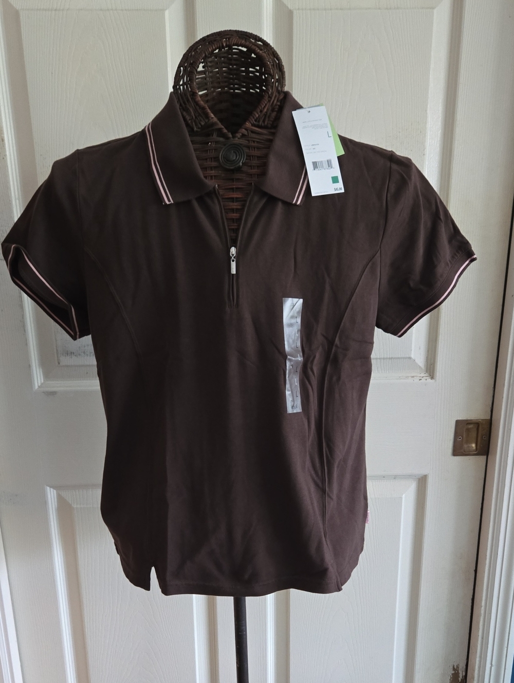 Liz Golf Women's  Brown Short-Sleeve Zip Polo with Contrast Pink  Piping-Size L